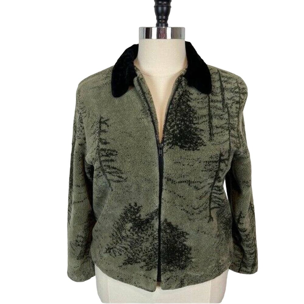 Fleece Jacket Zip Front Trees Retro Handmade Women's L to X Vintage Green